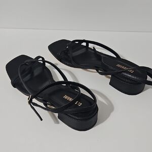 Strappy Black Square-Toe Women's Sandals with Low Block Heel